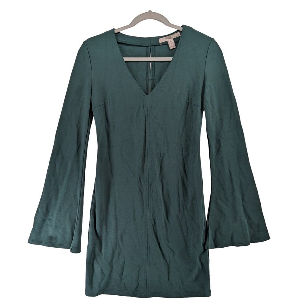 Forever 21 Contemporary Sheath Dress XS Green VNeck Bell Sleeve Keyhole‎ Short